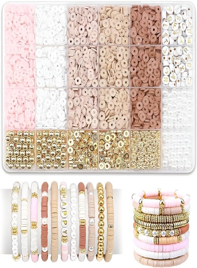 DGOOLS Clay Disc Beads Jewellery Making Kit - 3000+ Heishi Beads with Gold Spacers & Pearls, Pink, White, Nude, Brown Colors for DIY Bracelets, Necklaces & Crafts - Image 1